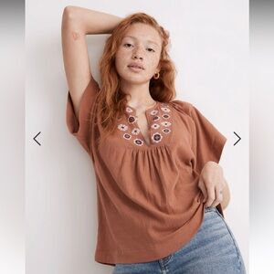 Madewell // Embroidered Knit Lightspun Flutter-Sleeve Top In Warm Umber